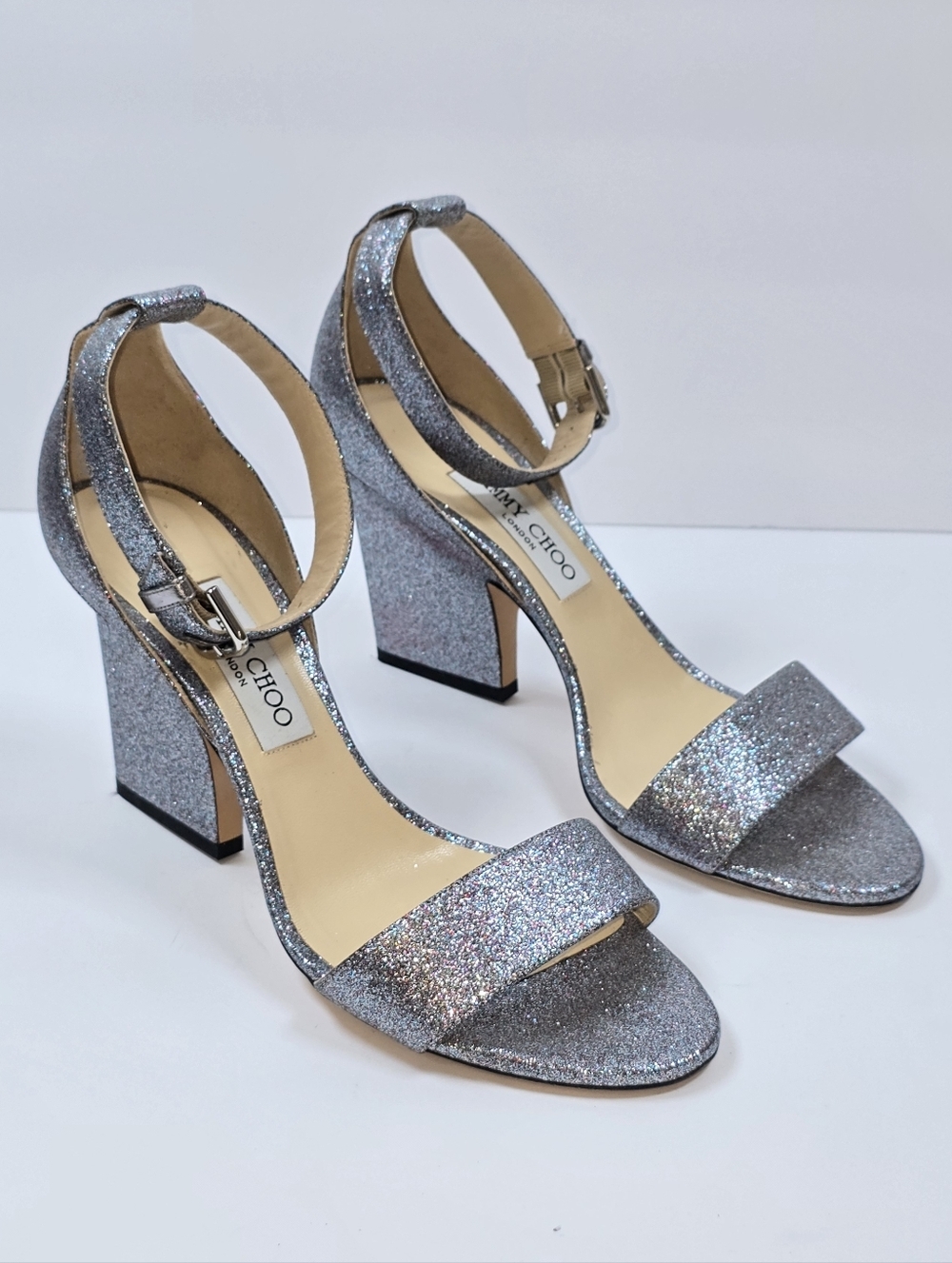 Jimmy Choo Edina 85 Ankle Strap Sparkle Sandals Luxury Leather Heels Sz.40